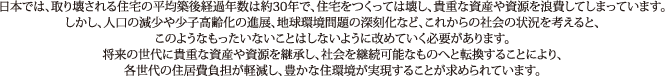 日本では、取り壊される住宅の平均築後経過年数は約30年で、住宅をつくっては壊し、貴重な資産や資源を浪費してしまっています。しかし、人口の減少や少子高齢化の進展、地球環境問題の深刻化など、これからの社会の状況を考えると、このようなもったいないことはしないように改めていく必要があります。将来の世代に貴重な資産や資源を継承し、社会を継続可能なものへと転換することにより、各世代の住居費負担が軽減し、豊かな住環境が実現することが求められています。